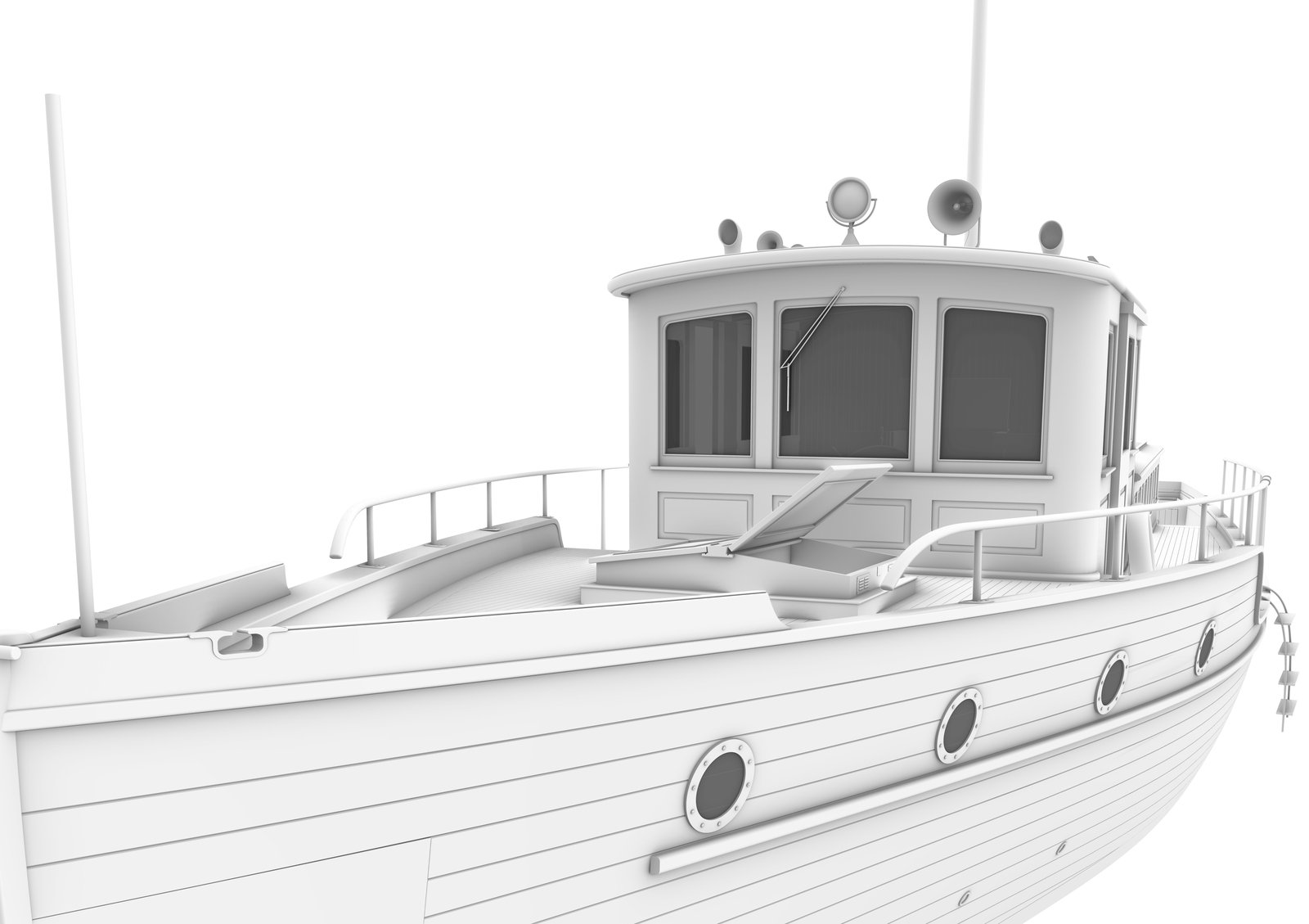 High-detail 3D model of a vessel bow and wheelhouse