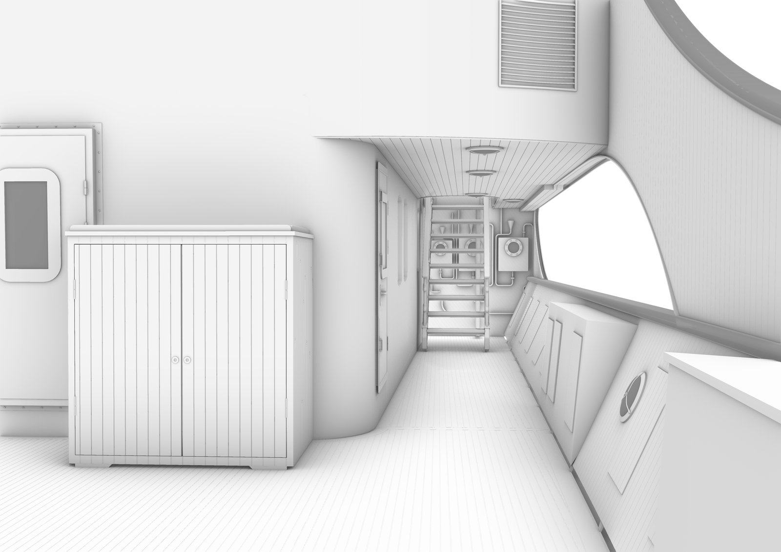 High-detail 3D model of a below-deck corridor and stairwell