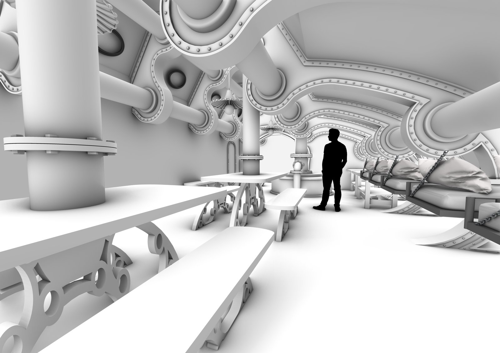 High-detail 3D model of an ornate interior corridor with exposed piping