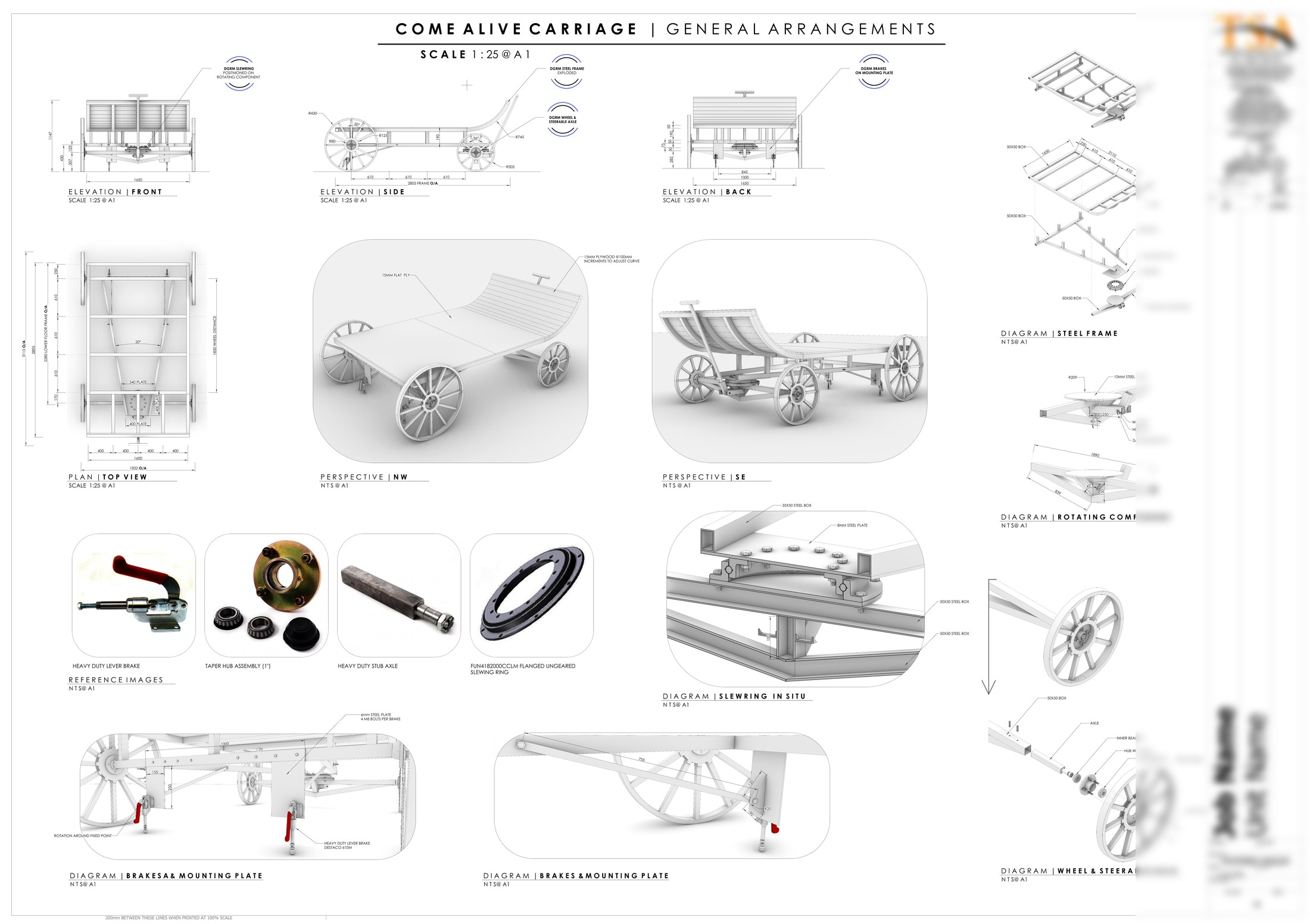 Come Alive Carriage general arrangements drawing — elevations, plan, perspectives and construction diagrams