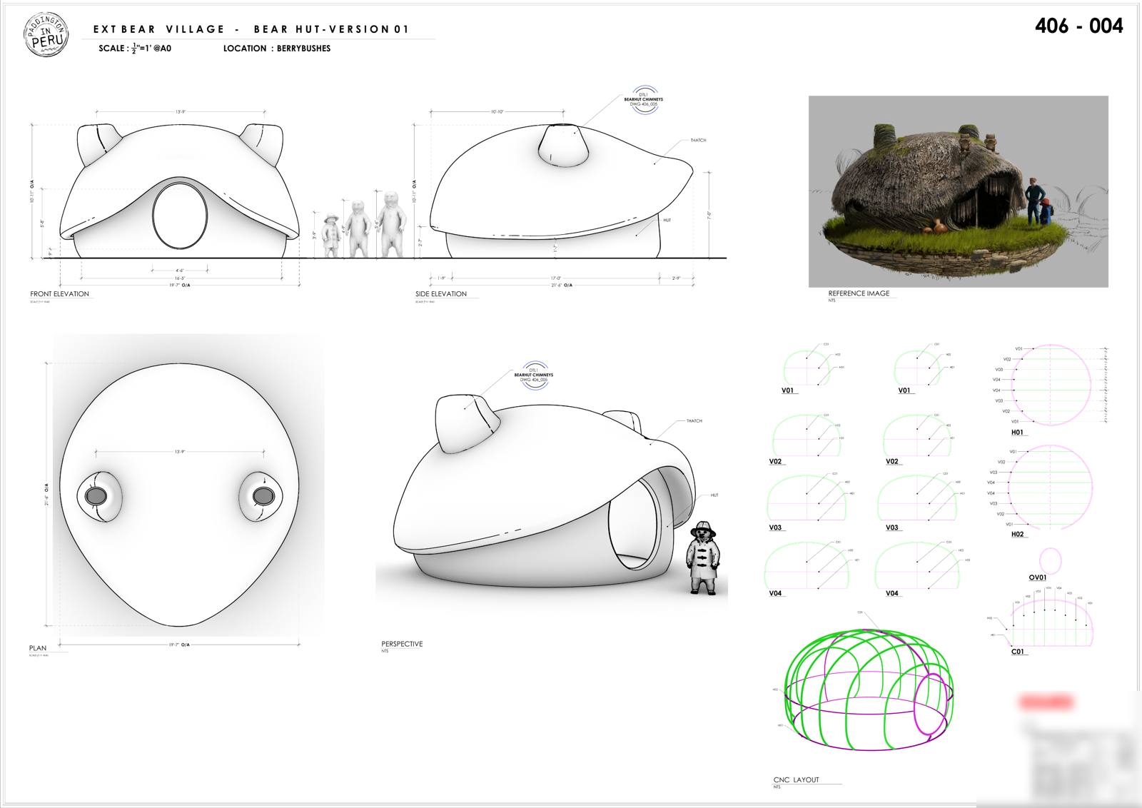 Bear Village hut — elevations and CNC layout