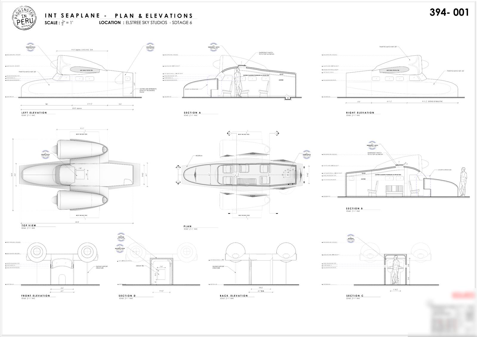Seaplane interior — plan and elevations
