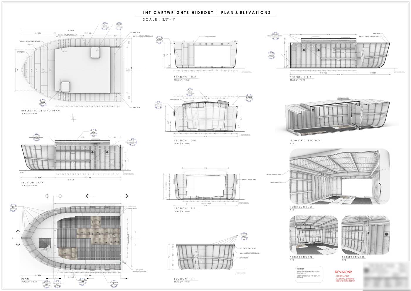 Plan and elevations, set design work